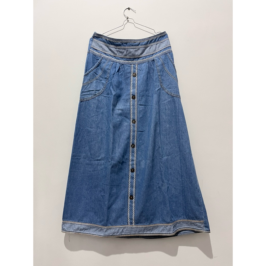 Rok Jeans Panjang Nevada XL | Denim A-Line Kancing Depan | Pinggang Karet