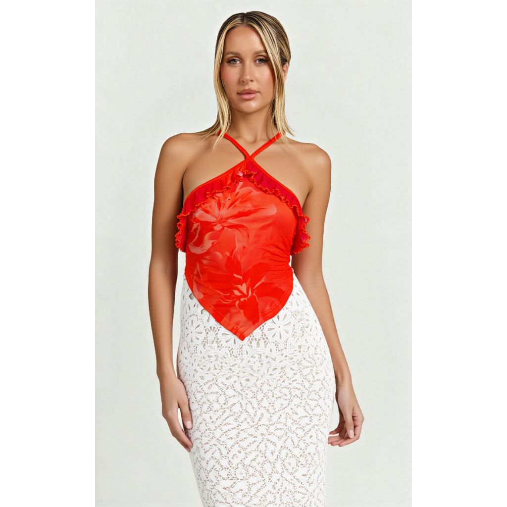 Ruffle Halter Neck Top Red Floral