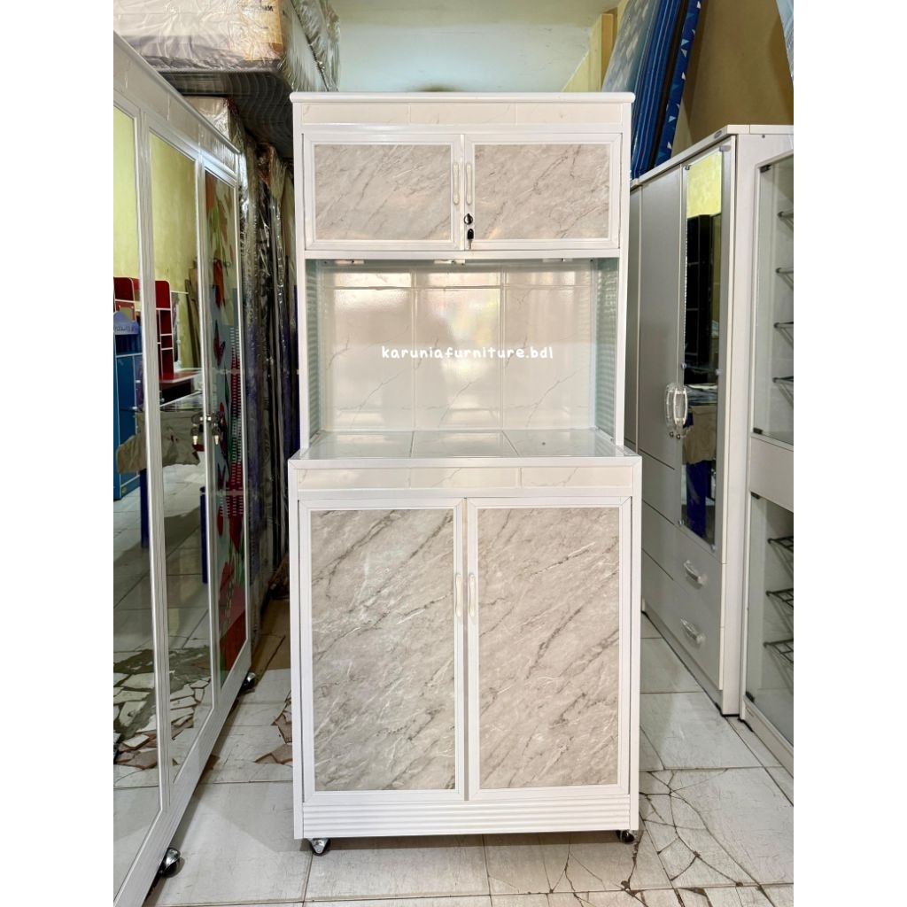 RAK PIRING KACA ALUMINIUM ACP 2 PINTU TARIKAN LACI 1P + RAK SUSUN 1P