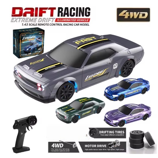 Mobil RC Drift 4WD Mini 1:43 Full Proportional Ford Mustang Dodge Hellcat Alloy Chassis Servo