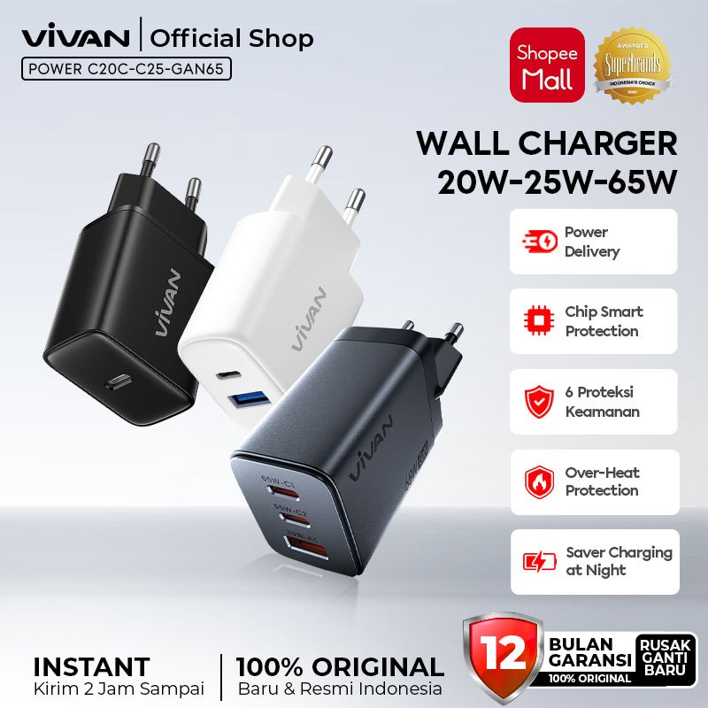 [ Free Cable ] VIVAN Adaptor Kepala Charger for iPhone Samsung Huawei Xiaomi Realme Type C USB Light