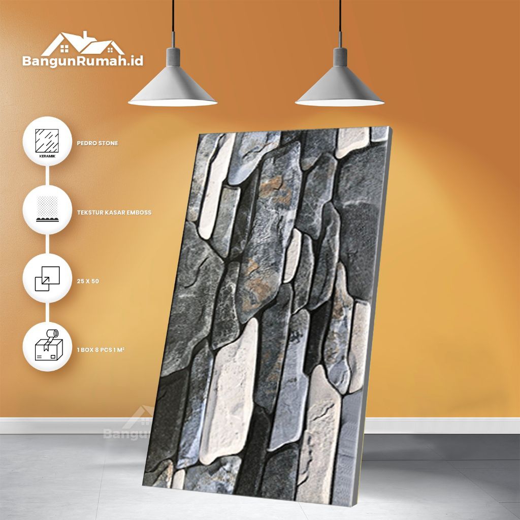 Keramik Dinding Kasar Timbul Garasi Teras Delta Pedro Stone 25x50