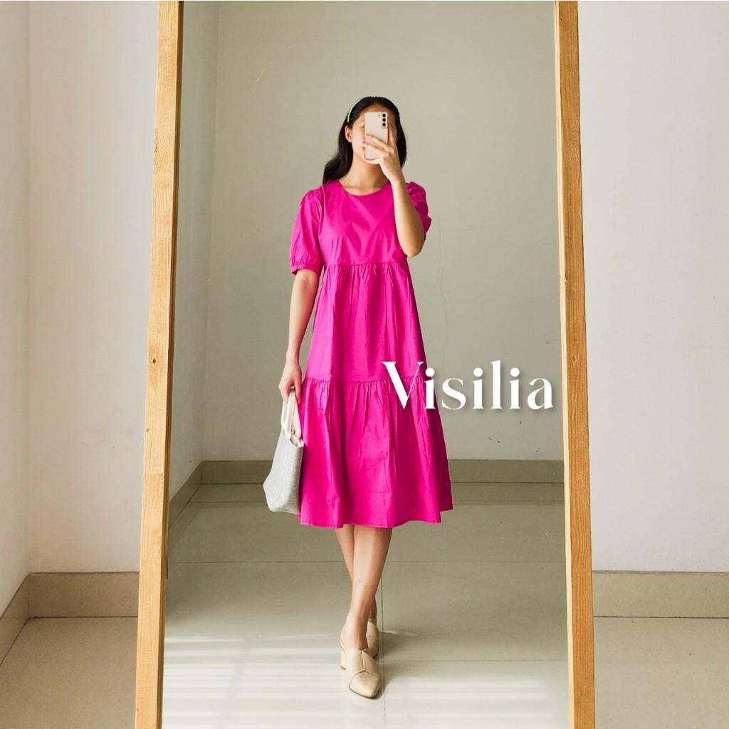 [VISILIA] Cinderella Dress | Korean Midi Babydoll Dres Warna Fuschia Pink Elegant Korea Style Valent