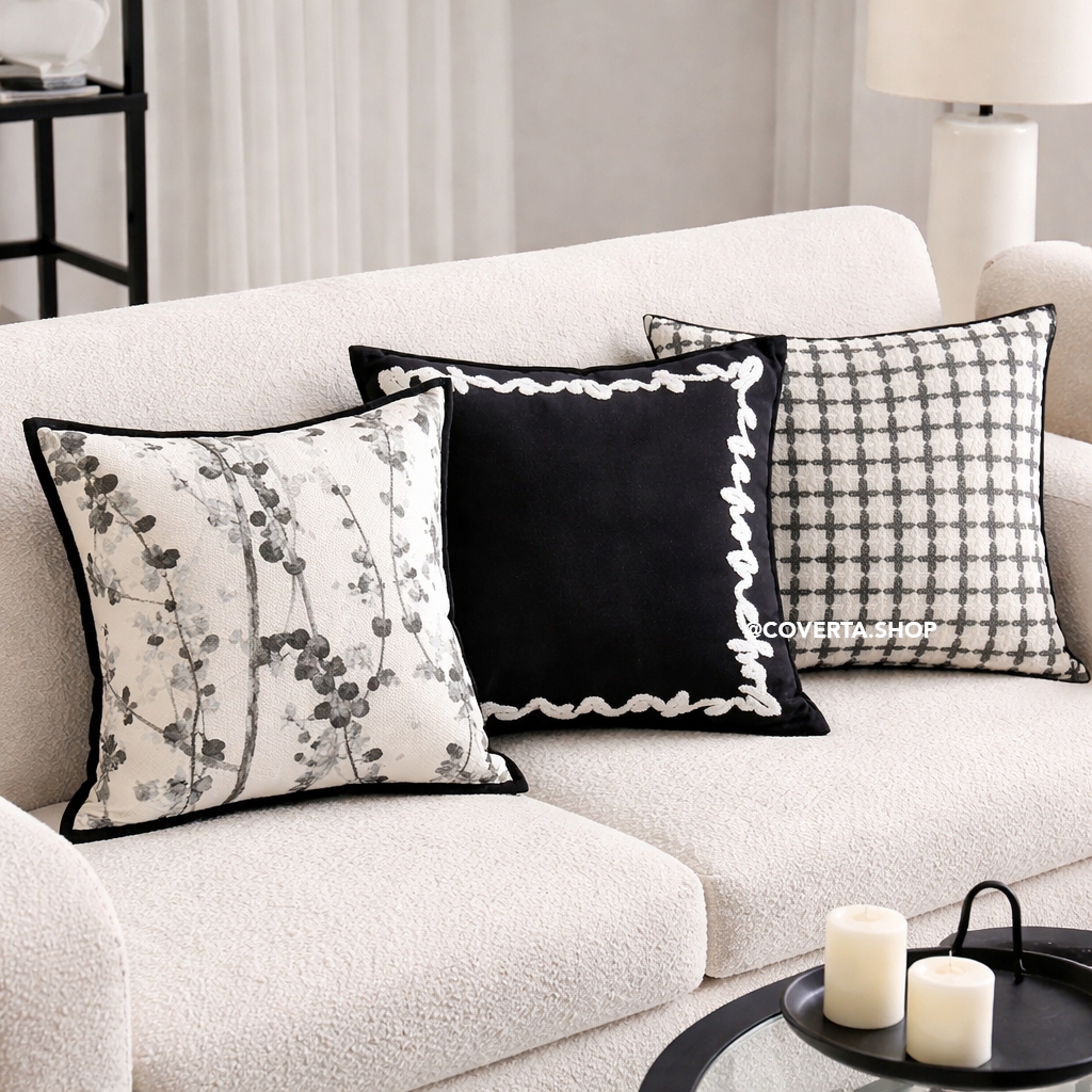 Sarung Bantal Sofa Minimalis Hitam Putih Monochrome Cushion Cover Motif Modern Scandinavian