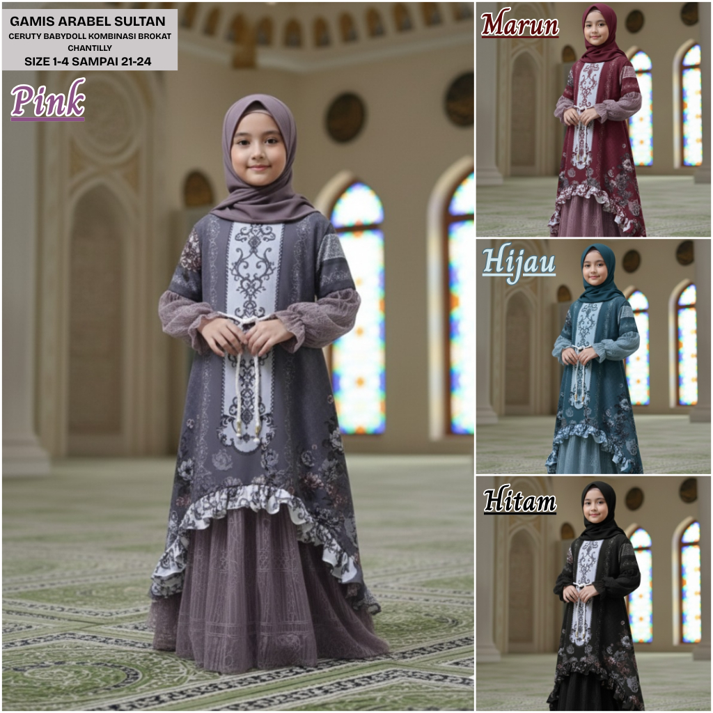 Baju Gamis Arable Motif Sultan Ceruty Babydoll Premium Mix Brokat Chantilly Anak Usia 3-12 Tahun Fre