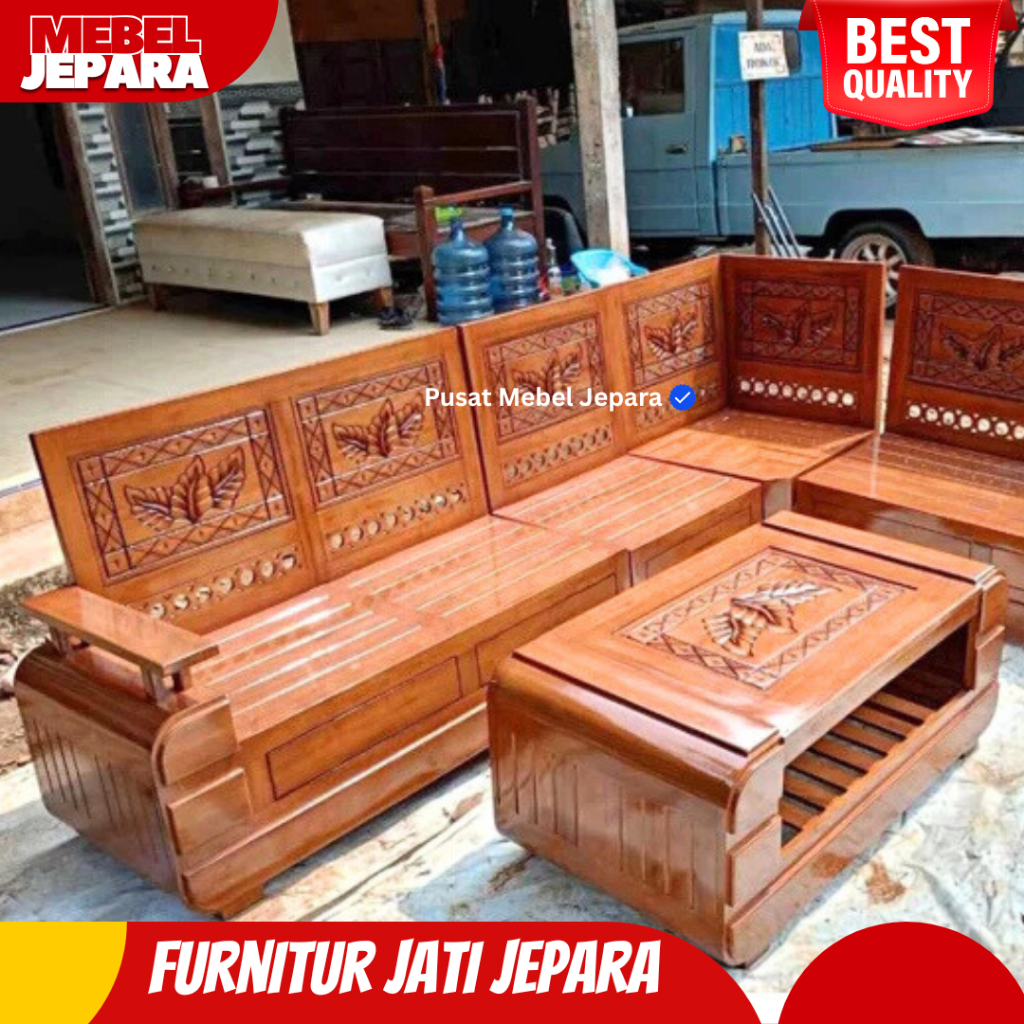 (BISA DP) kursi sudut tamu kayu jati, kursi domini motif daun, kursi tamu sudut kayu jati