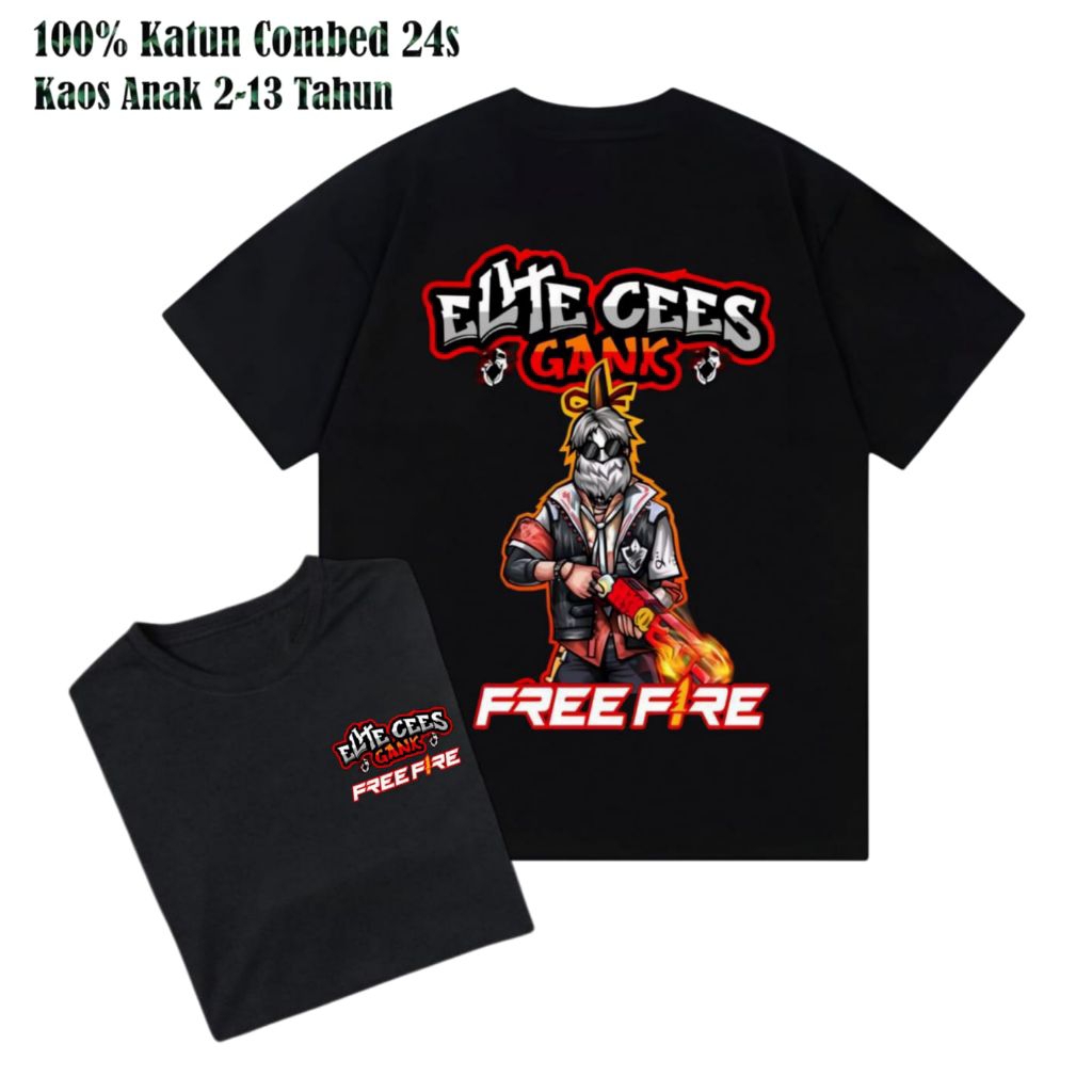 Baju Kaos Anak Free Fire Elit Cees Gank Skin SG Api-Game FF terbaru bahan katun nyaman dan tebal