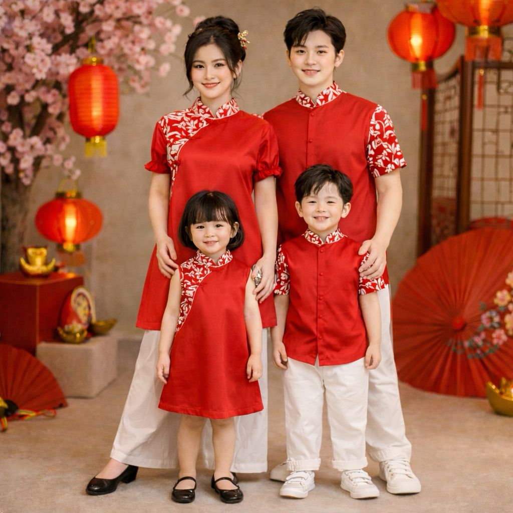 Seragam Imlek Keluarga Merah Elegan | Batik Imlek Couple Family
