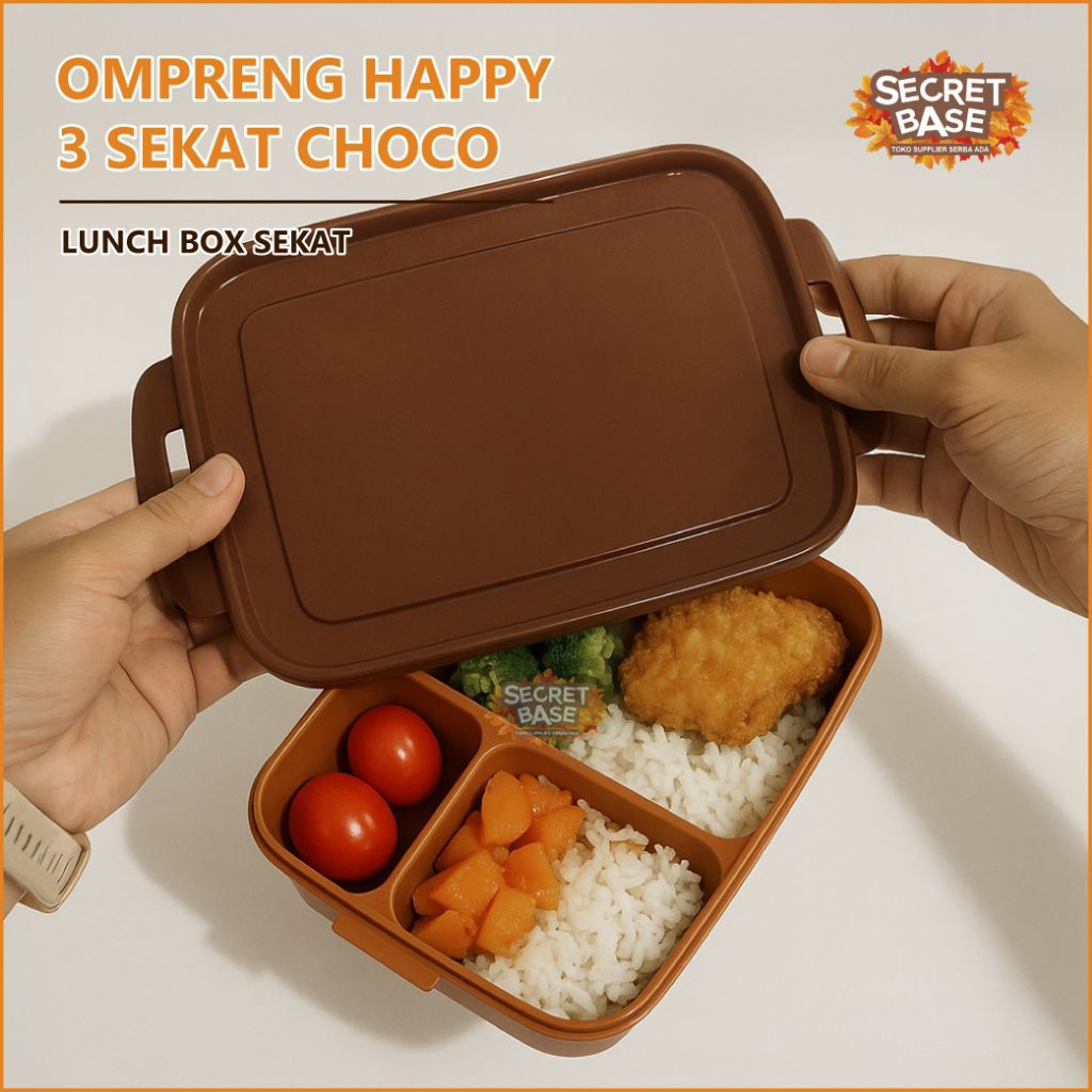 OMPRENG HAPPY 3 SEKAT CHOCO- Ompreng Kotak Makan/ Kotak Bekal / Lunch box Sekat