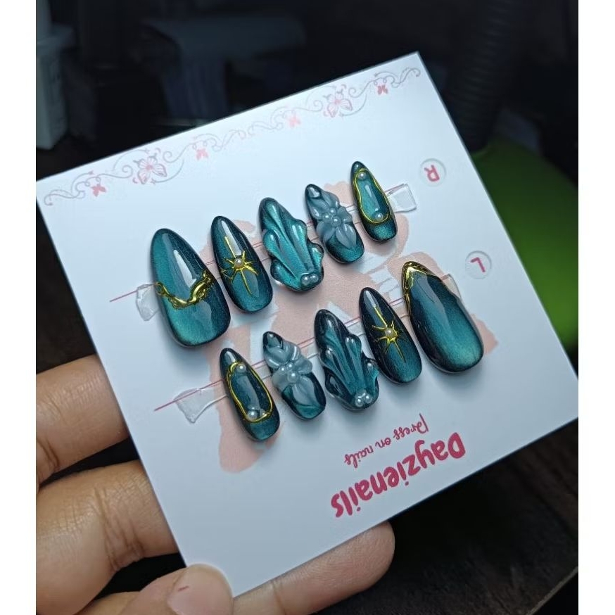 Press On Nails Emerald Green Cat Eye | Kuku Palsu Cat Eye Emerald Green free lem