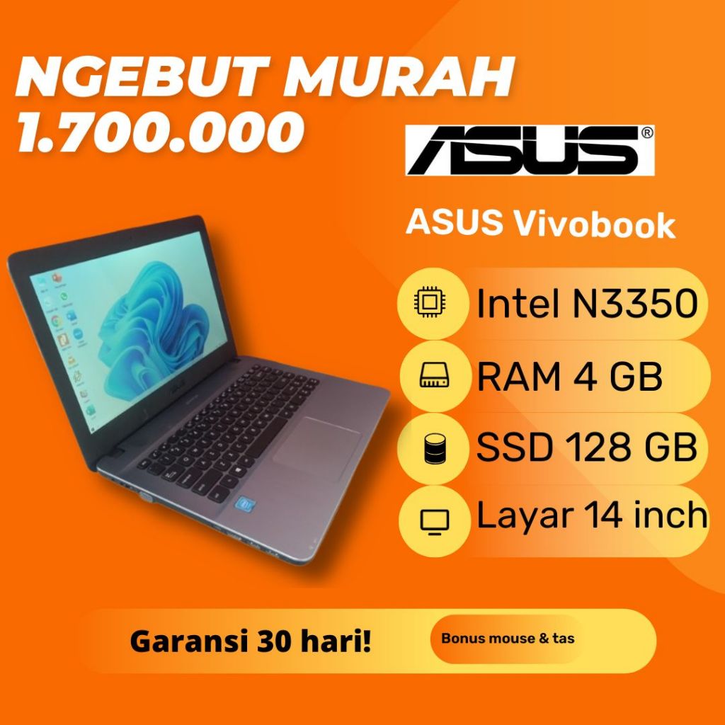 Asus X441N Hitam Silver SSD 128GB Windows 10 RAM 4GB Laptop Second Bekas