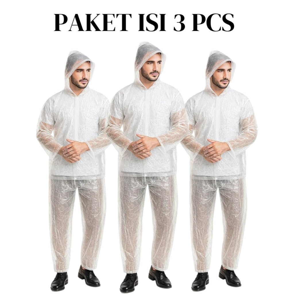 ISI 3 Jas Hujan Setelan Jaket Celana Putih Lengan Panjang / Mantol Plastik Ekonomis