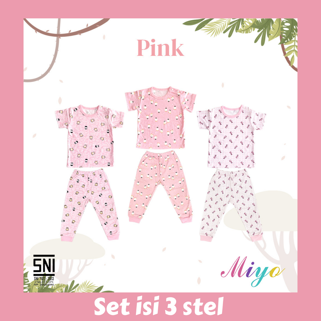 Miyo by Libby - Setelan Tangan Pendek Celana Panjang Kancing Pundak Set (isi 3 stel)