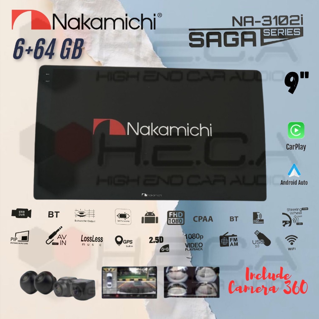 Nakamichi SAGA 6/64 GB 9" Inch Android Head Unit Tape Mobil TV Saga + Camera 360