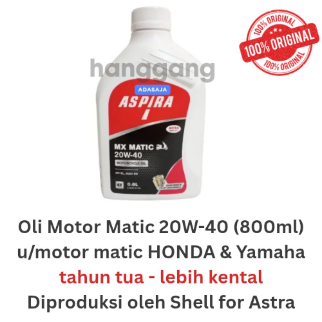 Oli Motor Matic Honda Beat Vario Yamaha Mio Fino 20W-40 Motor Tahun Lama 800ml Murah Ori Aspira Shel