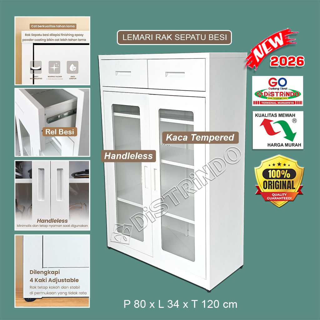DISTRINDO Lemari Sepatu Besi dengan Laci Pintu Kaca Tempered Rak Sepatu Besi