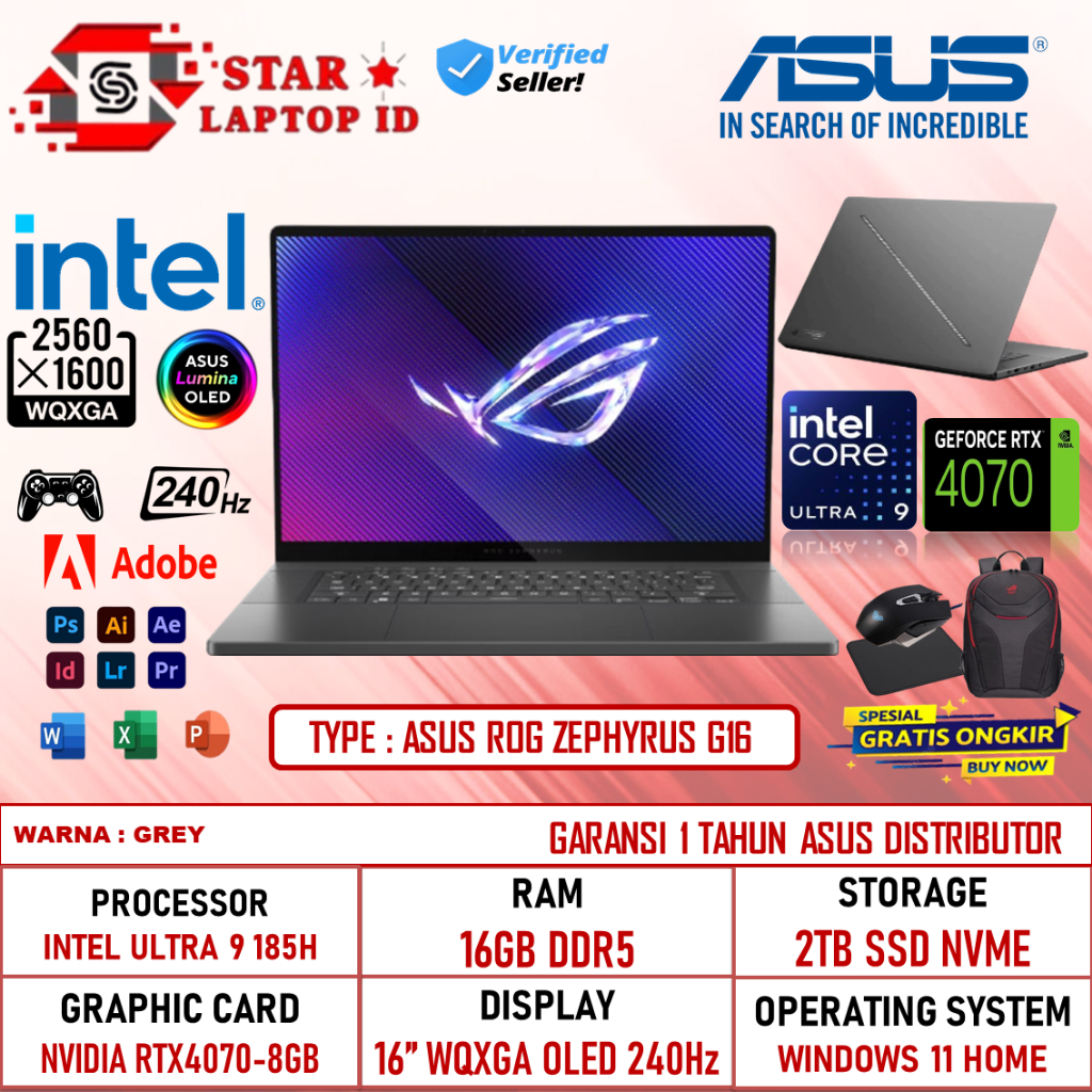 Laptop Gaming Asus ROG Zephyrus G16 Intel Ultra 9 185H 16GB DDR5 2TB RTX4070-8GB 16 inch Oled Win 11