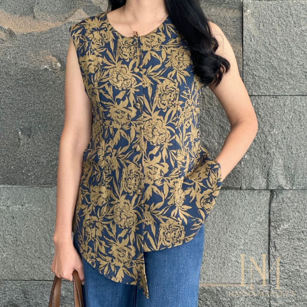 Peony Vest Gold Linen - All Size - Vest Top Wanita - Atasan Vest Linen - Vest Motif Bunga