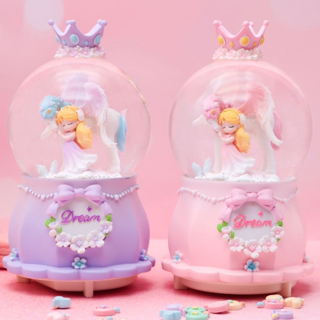 Snowball Kotak Musik Lampu Unicorn and Princess Angel Dream Music Box Snowglobe Bola Kristal Salju K
