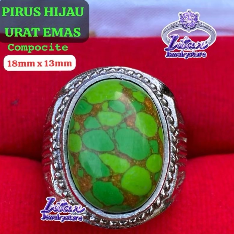 BATU PIRUS HIJAU URAT EMAS 18MM RING ALPAKA SUPER ELEGAN