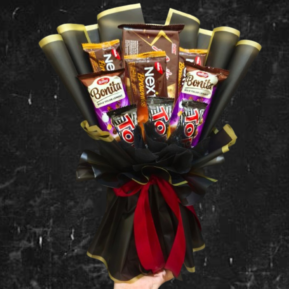 Buket Snack Warna Hitam | Buket Snack Wisuda / Sidang | Buket Snack Ulang Tahun | Buket Snack Annive