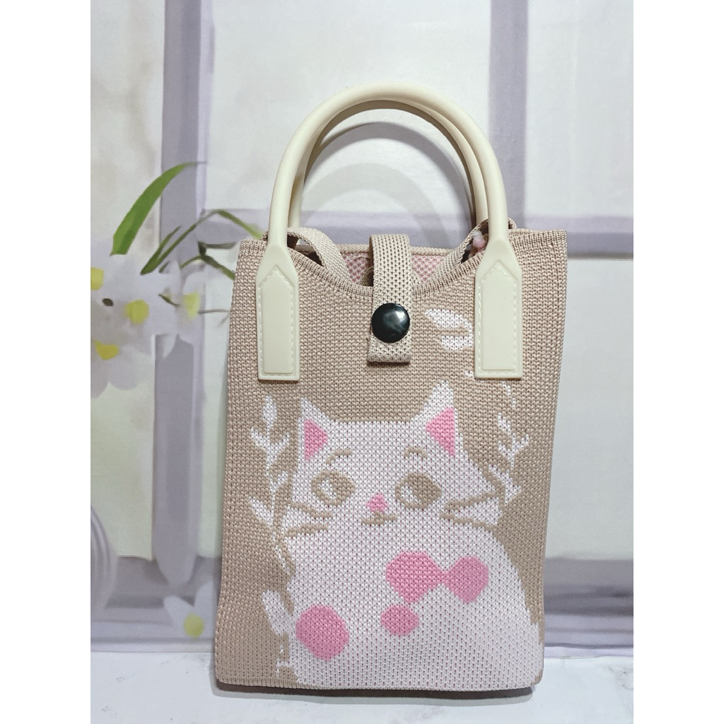 Tas selempang rajut kucing pink cantik