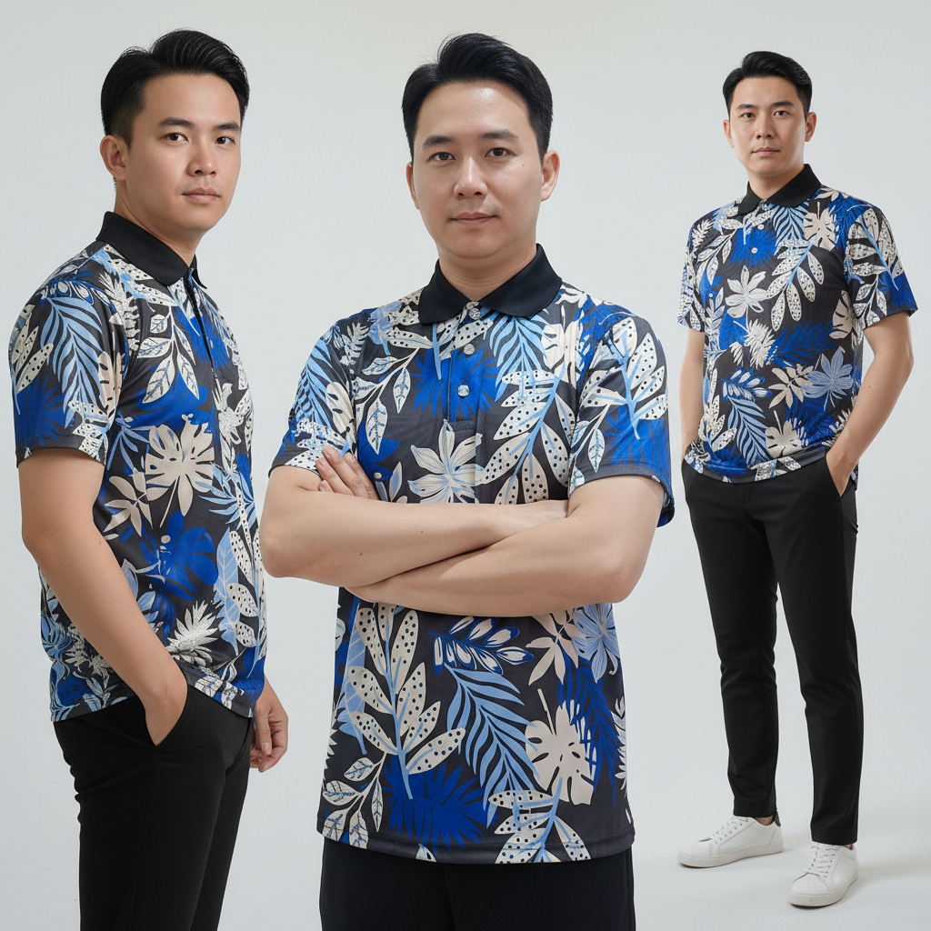 Polo Shirt Pria Motif Daun Tropis Biru-Hitam