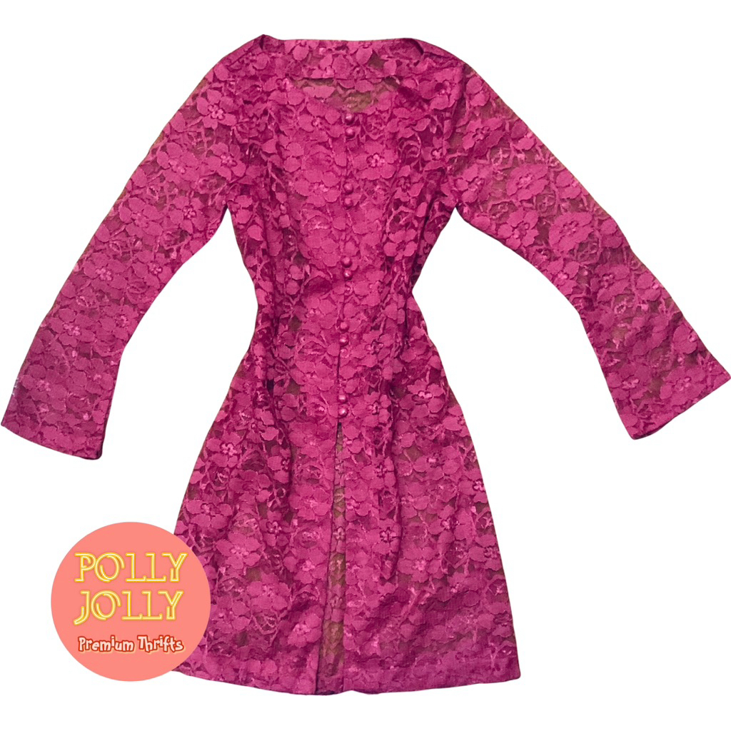 Kebaya Vintage Retro Brukat Kutu Baru Lengan Panjang Tunik Wisuda Yudisium Pelantikan Warna Pink Fan