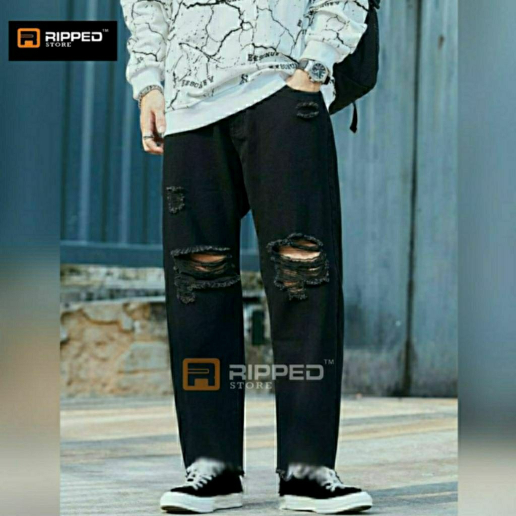 Celana Sobek Pria Ripped Jeans Loose Fit Standar Reguler Basic Denim Longgar Premium 27-38