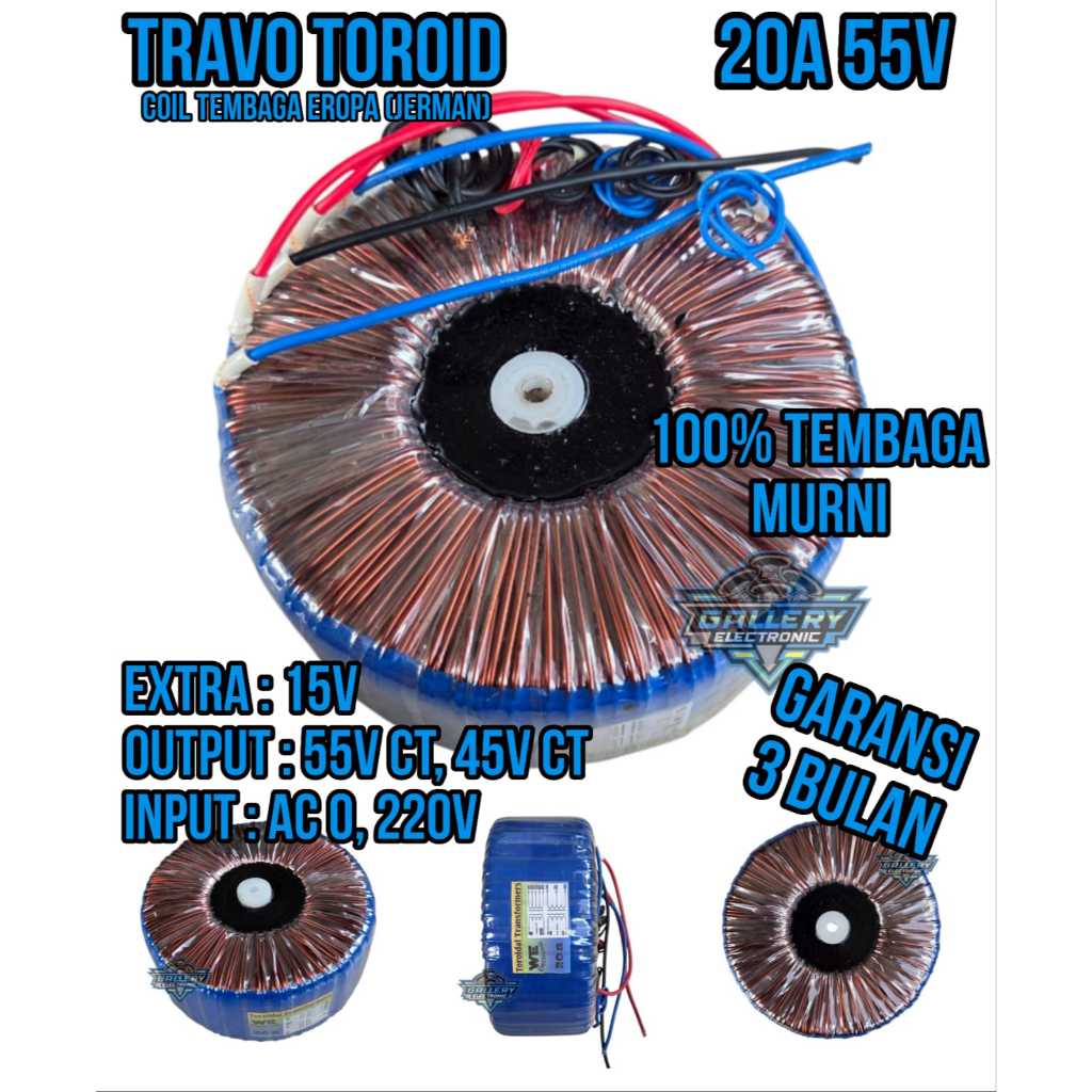 Trafo Toroid 20A Besar CT 55V 45V / Travo Donat Teroid 20 Amper Tembaga Murni HELENIC Jerman