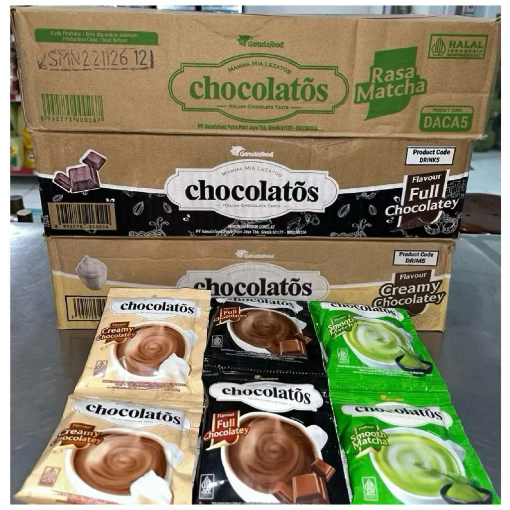 Chocolatos Drink || 1 Dus isi 8 Renceng x 10 Sachet dengan Rasa Coklat, Matcha, dan Creamy, Vanilla