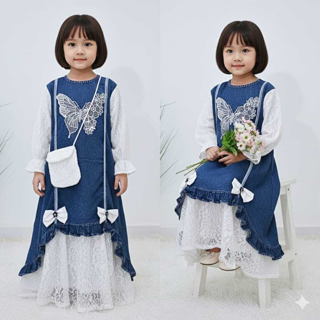 Baju Gamis Jeans Anak Perempuan Model Terbaru 2026 Usia 3 - 10 Tahun Dress Jeans Anak Perempuan Keki