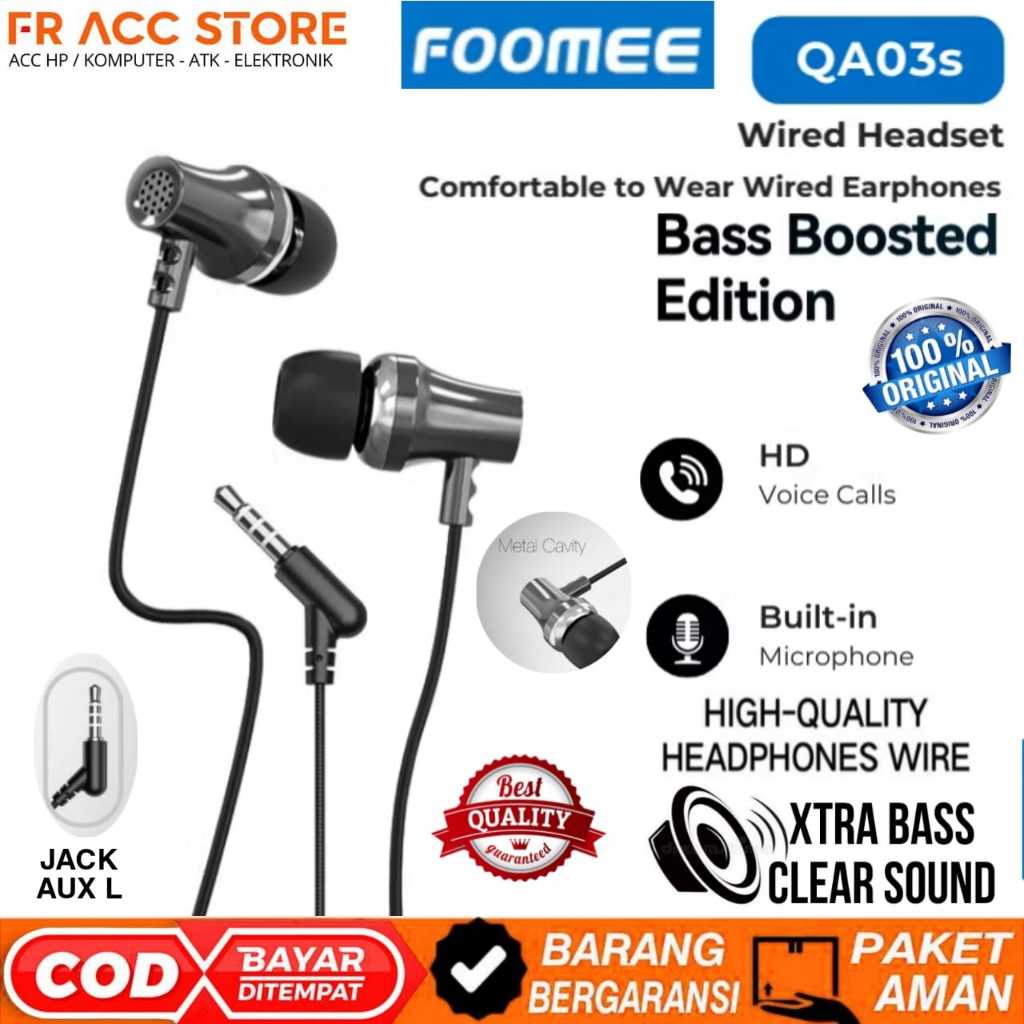 Headset Xtra Bass Foomee QA03s Wired Earphone Bass Boosted Edition Headset Kabel 120cm Headset Gamin