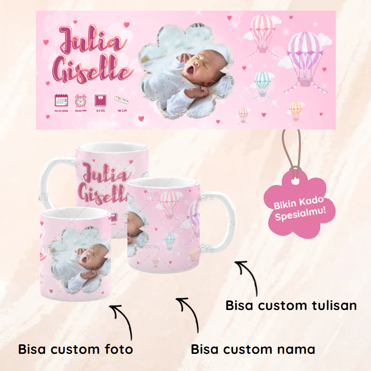 Mug Custom Nama Bayi – Custom Foto & Tulisan untuk Hadiah Kelahiran | Baby Shower