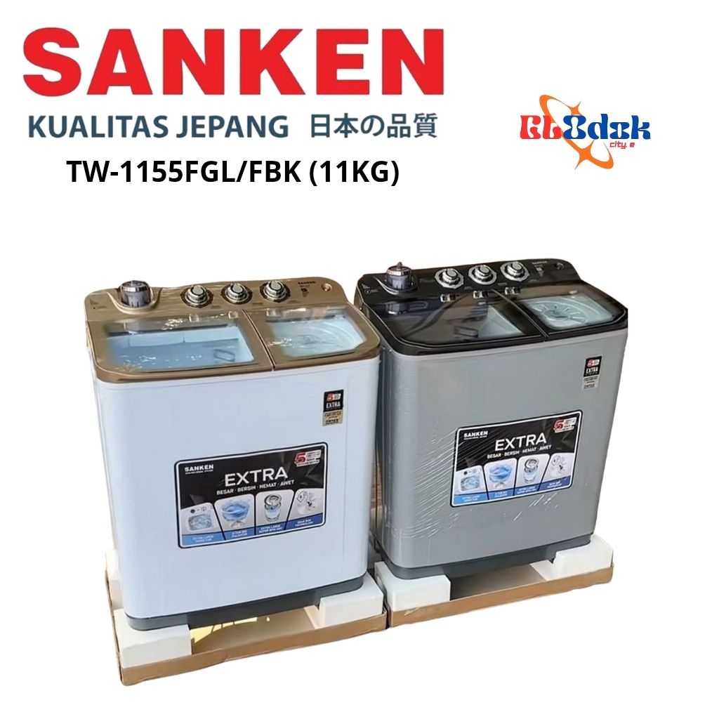 SANKEN Mesin Cuci Double Body Low watt Twin Tube 11KG TW-1155FBK/FGL Black-Gold Garansi Resmi