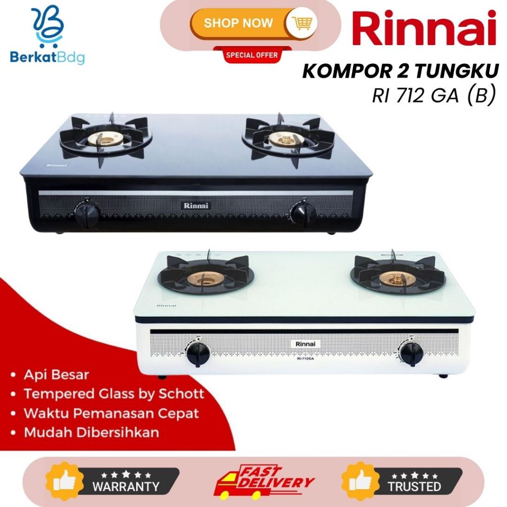 KOMPOR GAS RINNAI 2 TUNGKU 712 GA(B) TEMPERED GLASS