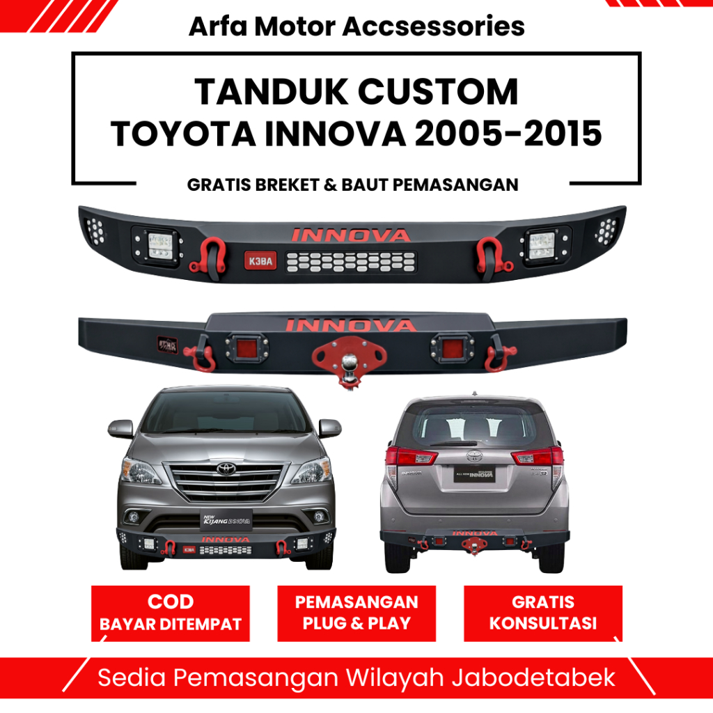 Paket Tanduk Depan Towing Belakang Innova Lama 2005-2015 Custom Baja Pengaman Pelindung Bemper Ori