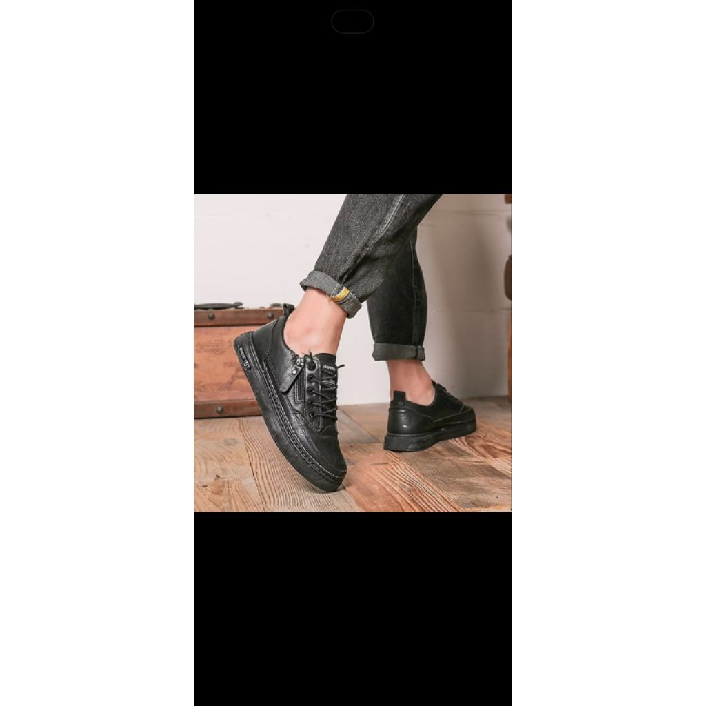 Sepatu Sneaker Kulit Pria Import original sepatu hitam full retsleting aktif terbaru(cOD GRATIS ONGK