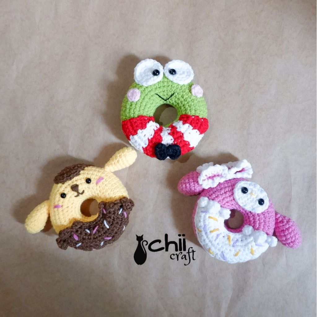 (Chiicraft) Amigurumi Donut | Boneka Rajut Donat Sanrio | Ganci Karakter | Keroppi Hello Kitty Pompu