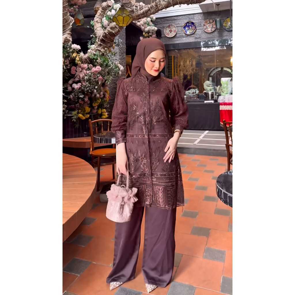 BAJU SAHILA SET 3IN1 OUTER BRUKAT PREMIUM SETELAN WANITA TUNIK BROKAT KONDANGAN ONESET PLUS CELANA W