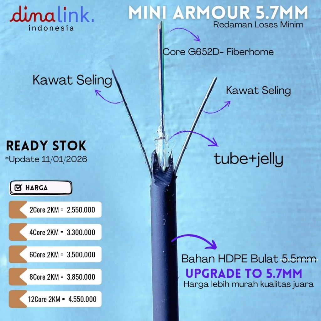 KABEL FO DINALINK MINI ARMOR FIBER KU OUTDOOR 5.7MM - 2CORE 4CORE 6CORE 12CORE