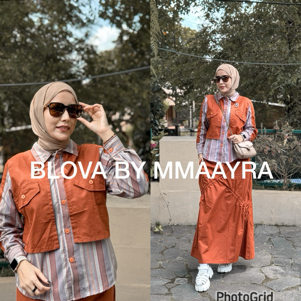 Mmaayra-BLOVA By Mmaayra- New Arrival One Set Atasan dan Rok Linen Mix Katun Triset