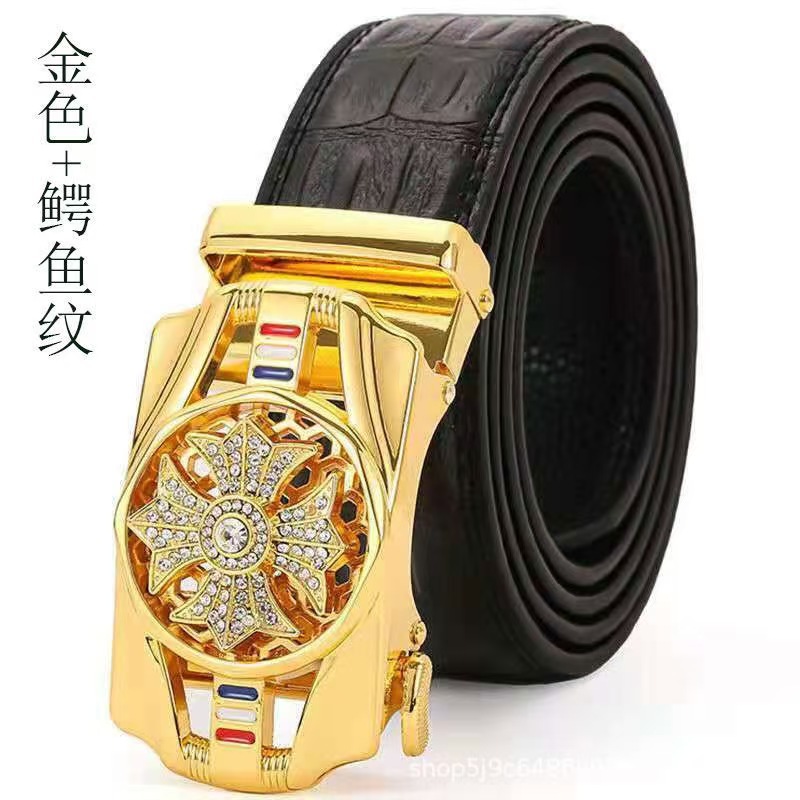 Sabuk kulit sapi asli bermotif buaya untuk pria, gesper otomatis, gaya bisnis kelas atas, sabuk cela