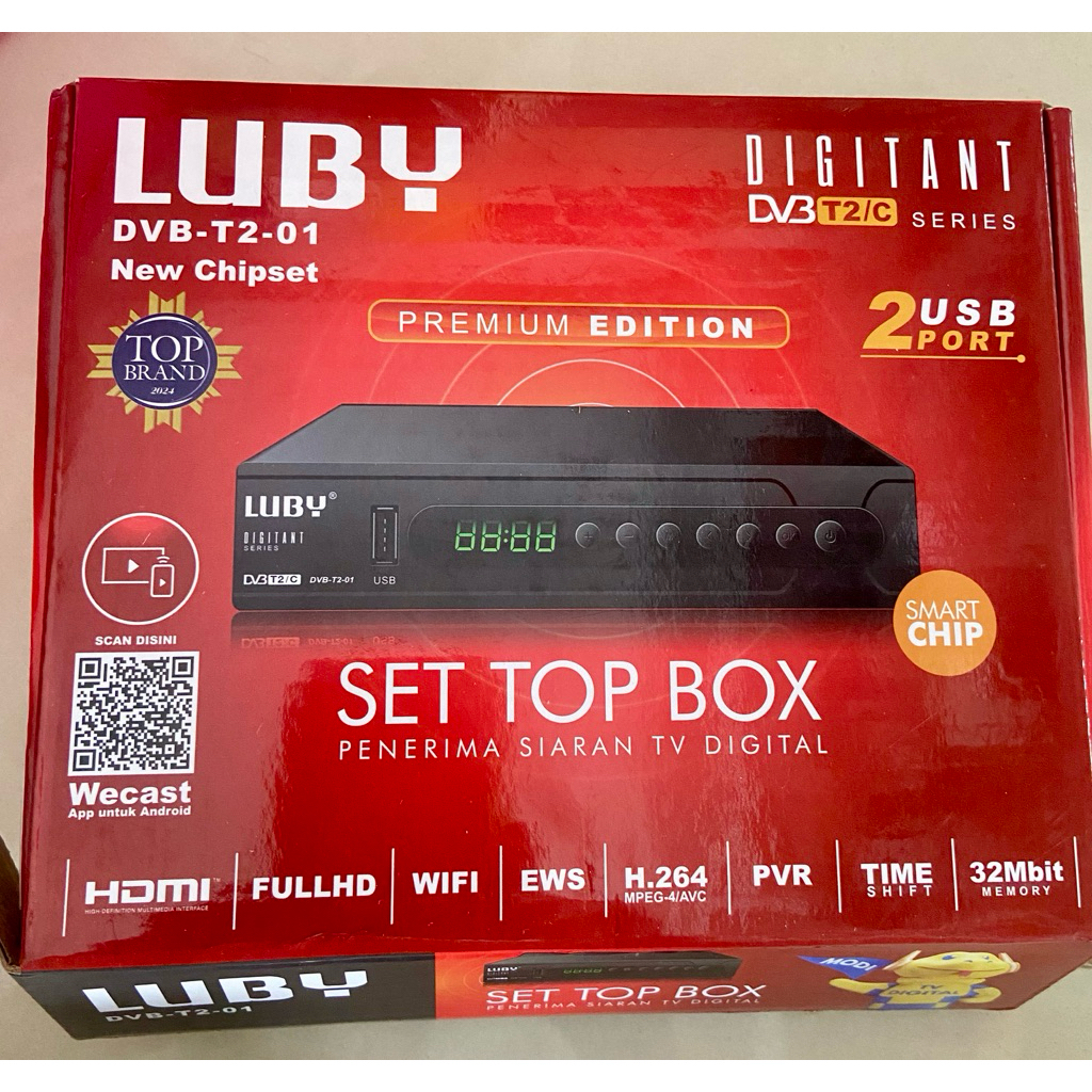 Luby Set Top Box, baru, terdiri dari: remote control tanpa batere, kabel RCA, buku manual, paling di