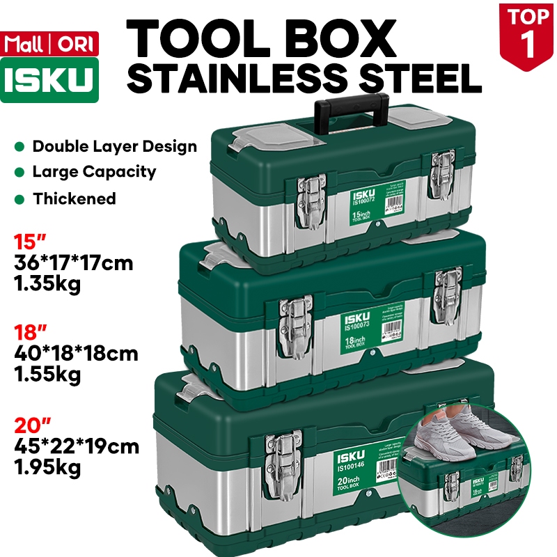 ISKU Tool Box Stainless Steel Kotak Perkakas Besi Tempat Alat Tukang Bengkel Kunci Logam Anti Patah 