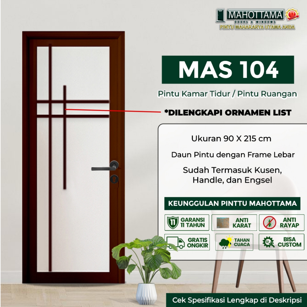 MAHOTTAMA MAS104 - Pintu Aluminium Rumah Utama Kamar Tidur / Mandi 90 x 215 Bisa Custom Ukuran Almun