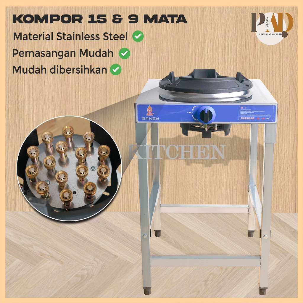 Kompor Gas Restoran 9 & 15 Mata Stainless Steel Heavy Duty Kompor Low Pressure Api Besar Usaha Cater