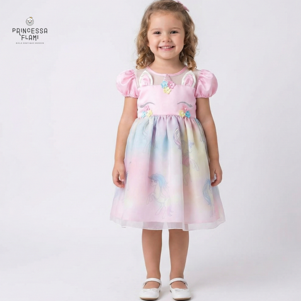 Princessa Flami Dress Anak Karakter Costum Unicorn Pink Organza K4645