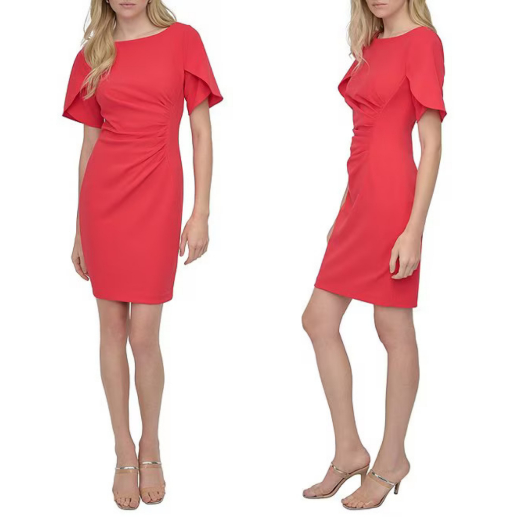 Dress Wanita DKNY Short Tulip Sleeve Boat Neck Ruched Waist Sheath Dress