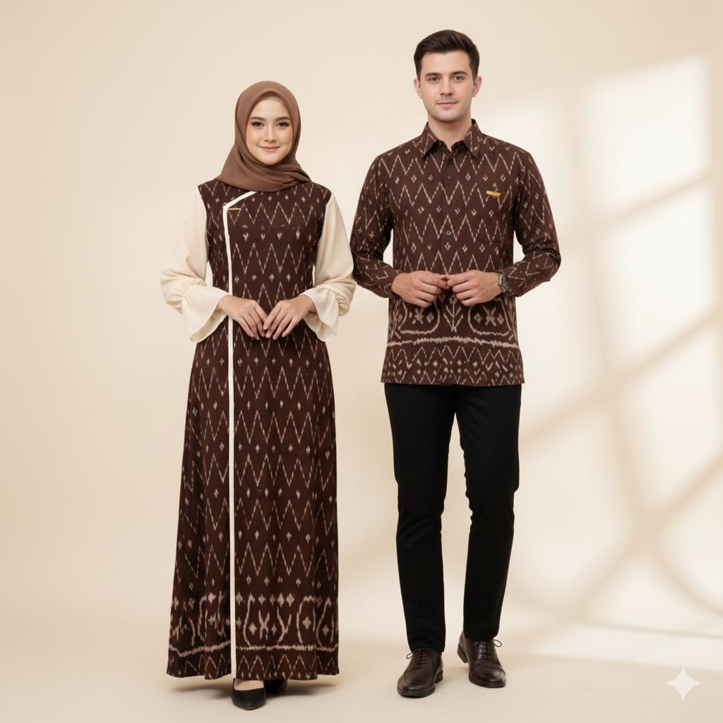 Coupel Raya,  Couple Kondangan ( Dress & Kemeja  Mahogani) Tenun Jepara, Gamis dan Kemeja Anak